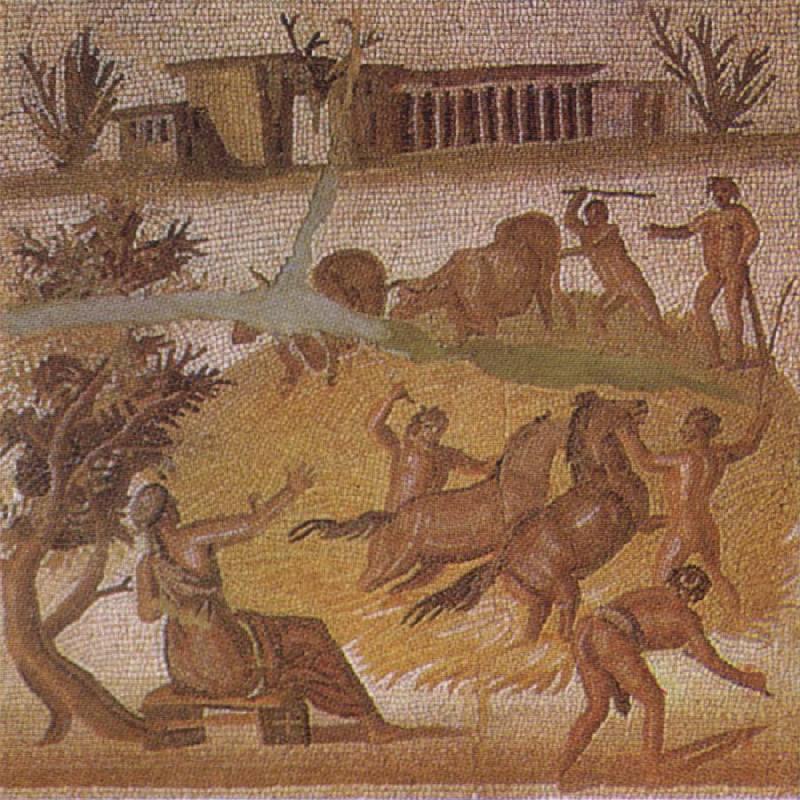 unknow artist Mosaic from the Roman villa at Zliten in Tripolitania showing horses and cattle threshing corn China oil painting art